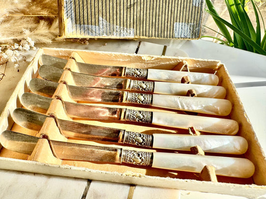 Set of 6 Antique Silver Plated Knives with Mother of Pearl Handles in Original Box, Edwardian Era Cutlery