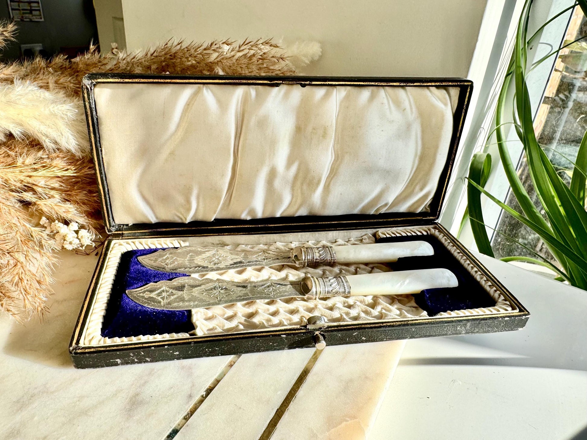 Antique Victorian Mother-of-Pearl Handled Fish Serving Set in Original Box