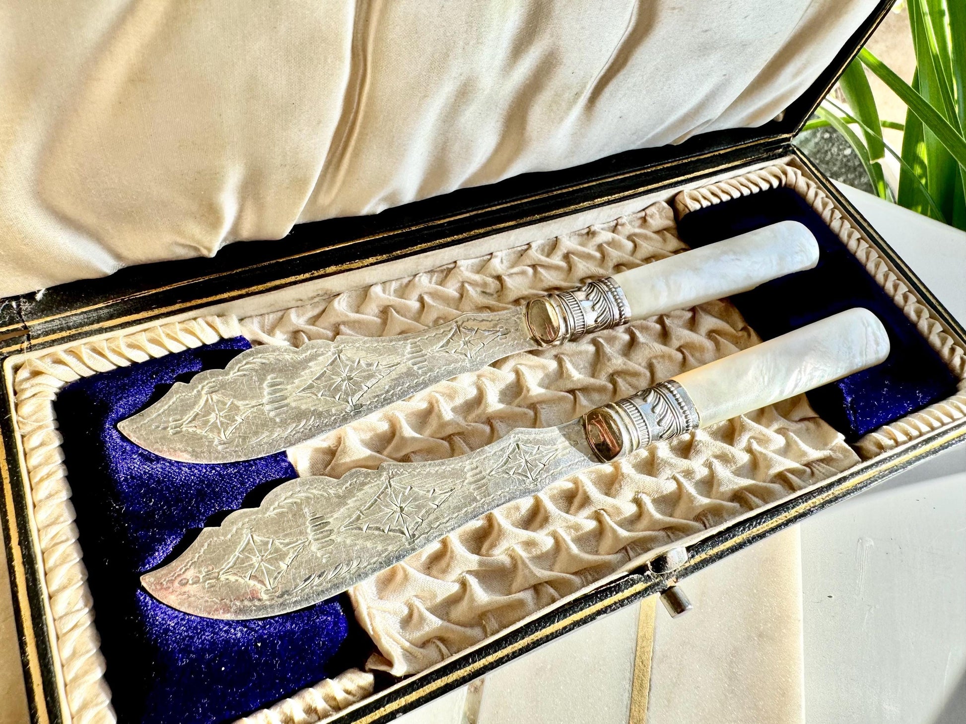 Antique Victorian Mother-of-Pearl Handled Fish Serving Set in Original Box