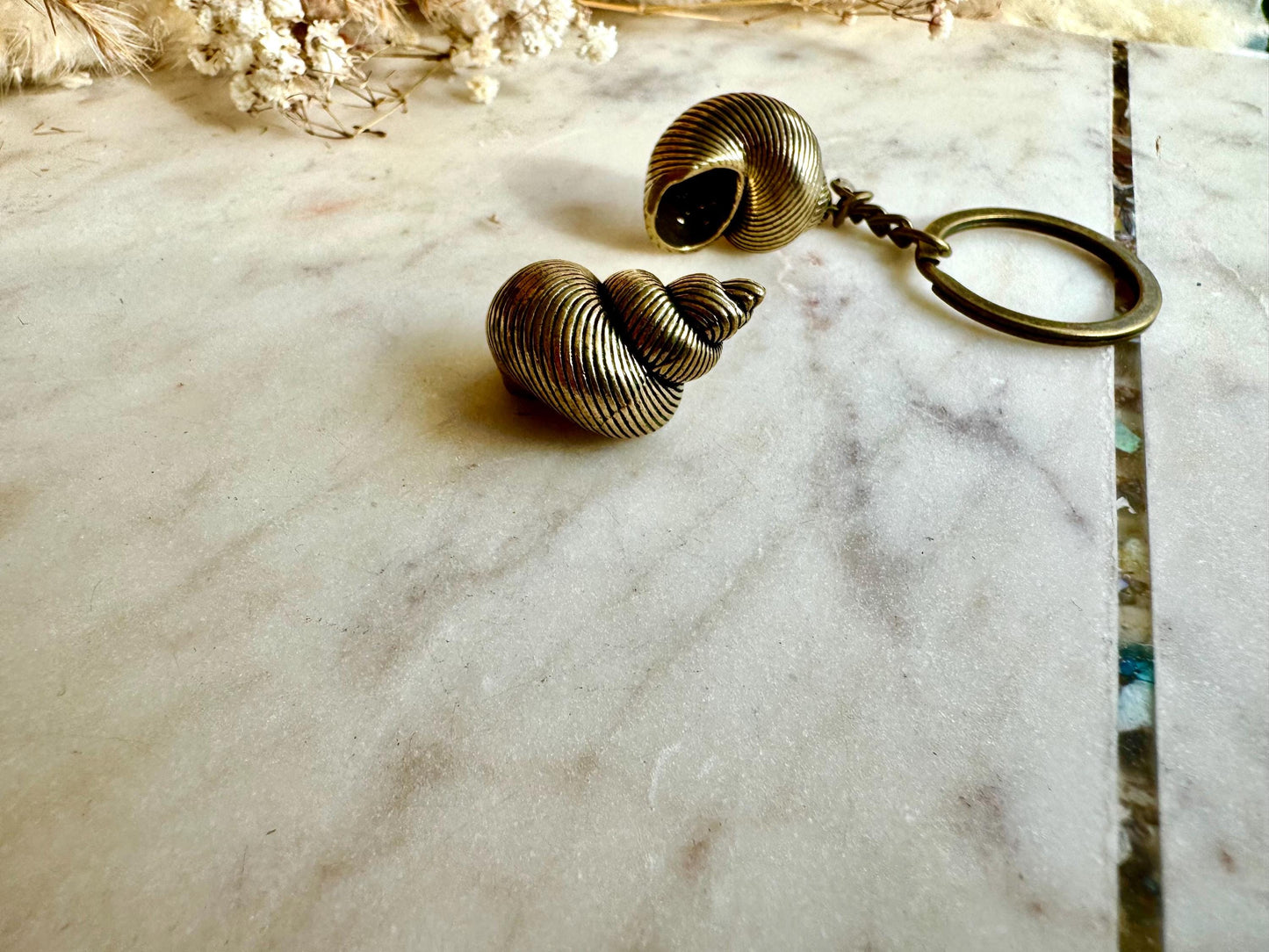 Solid Brass Spiral Seashell Charm or Nautical Keyring with Patina - Coastal Style Accessory, Sealover Collectible