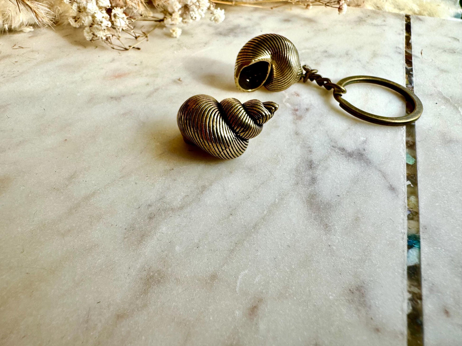 Solid Brass Spiral Seashell Charm or Nautical Keyring with Patina - Coastal Style Accessory, Sealover Collectible