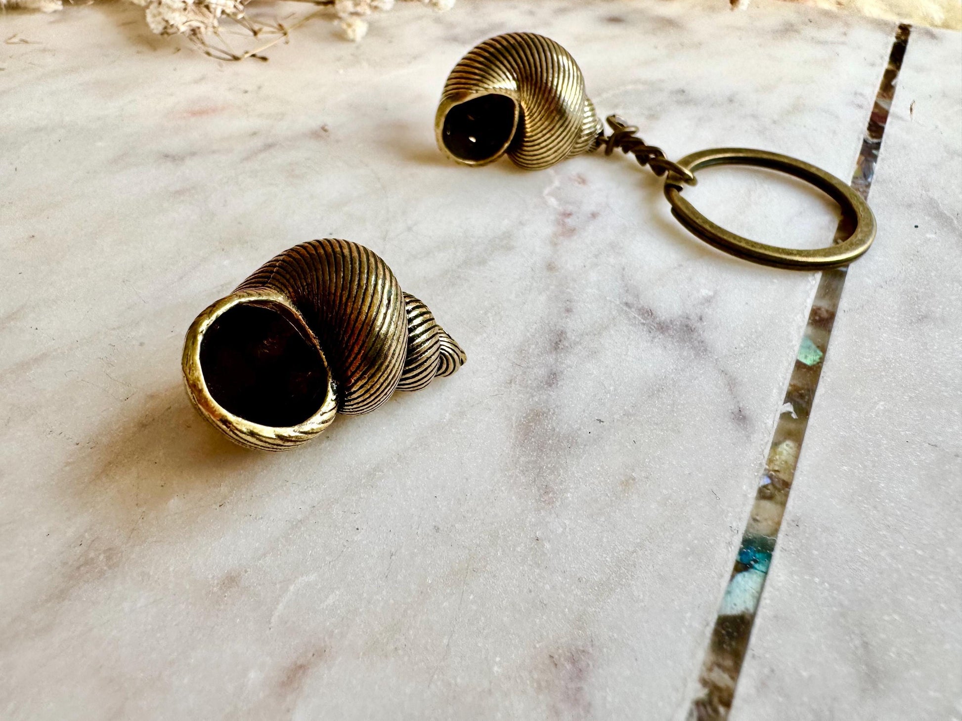 Solid Brass Spiral Seashell Charm or Nautical Keyring with Patina - Coastal Style Accessory, Sealover Collectible