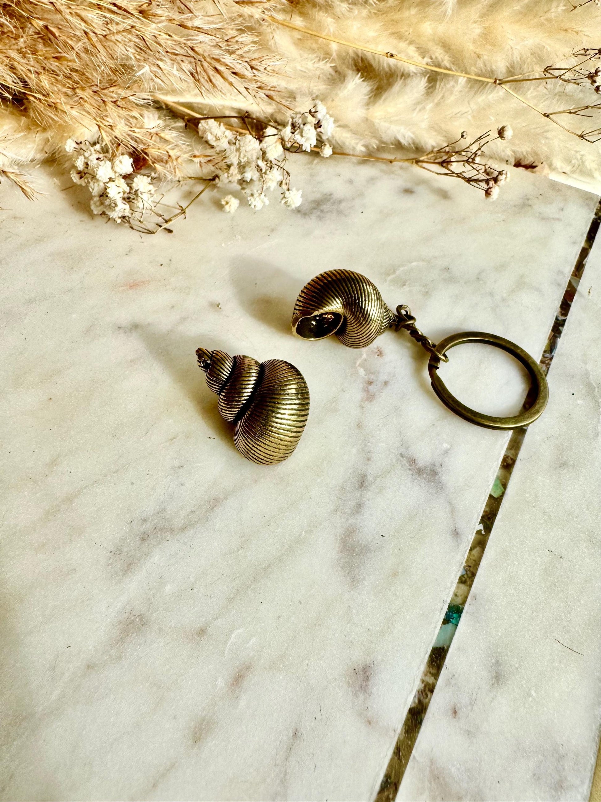 Solid Brass Spiral Seashell Charm or Nautical Keyring with Patina - Coastal Style Accessory, Sealover Collectible