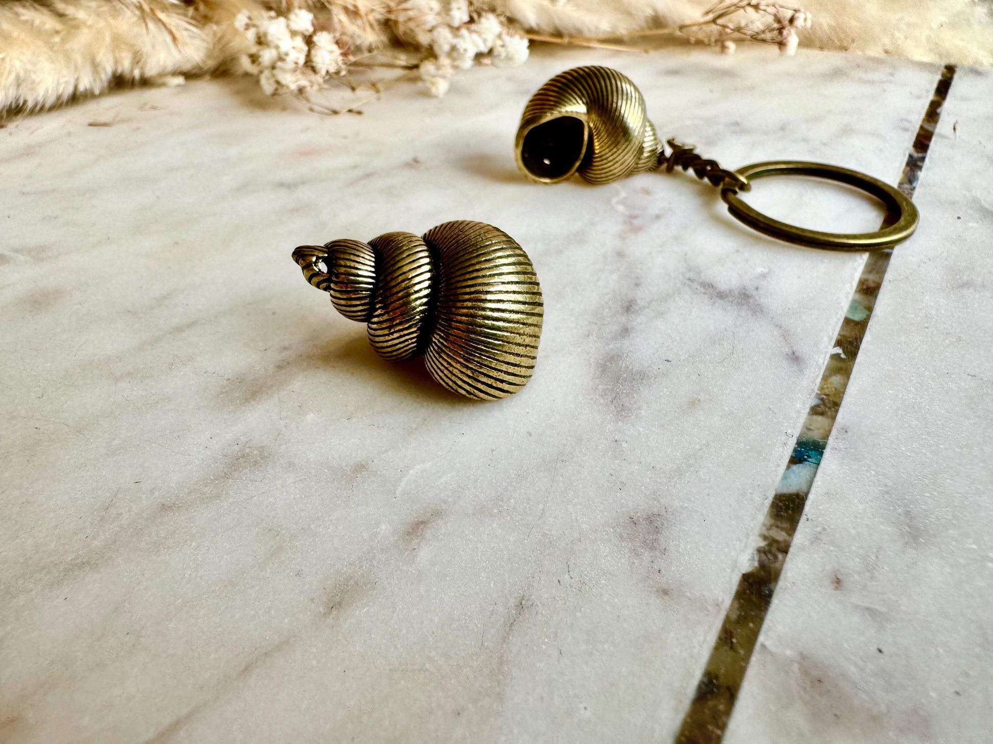 Solid Brass Spiral Seashell Charm or Nautical Keyring with Patina - Coastal Style Accessory, Sealover Collectible