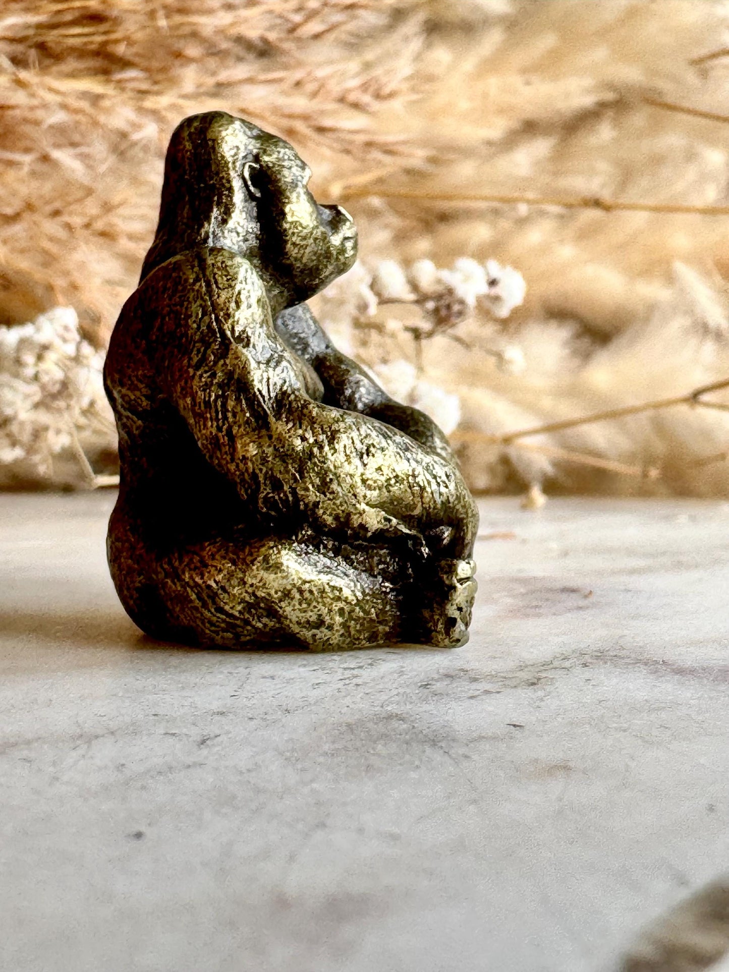 Smart gorilla statue, solid brass casting, fine workmanship, ape figurine, desktop decor, funny monkey miniature, creative paperweight gift