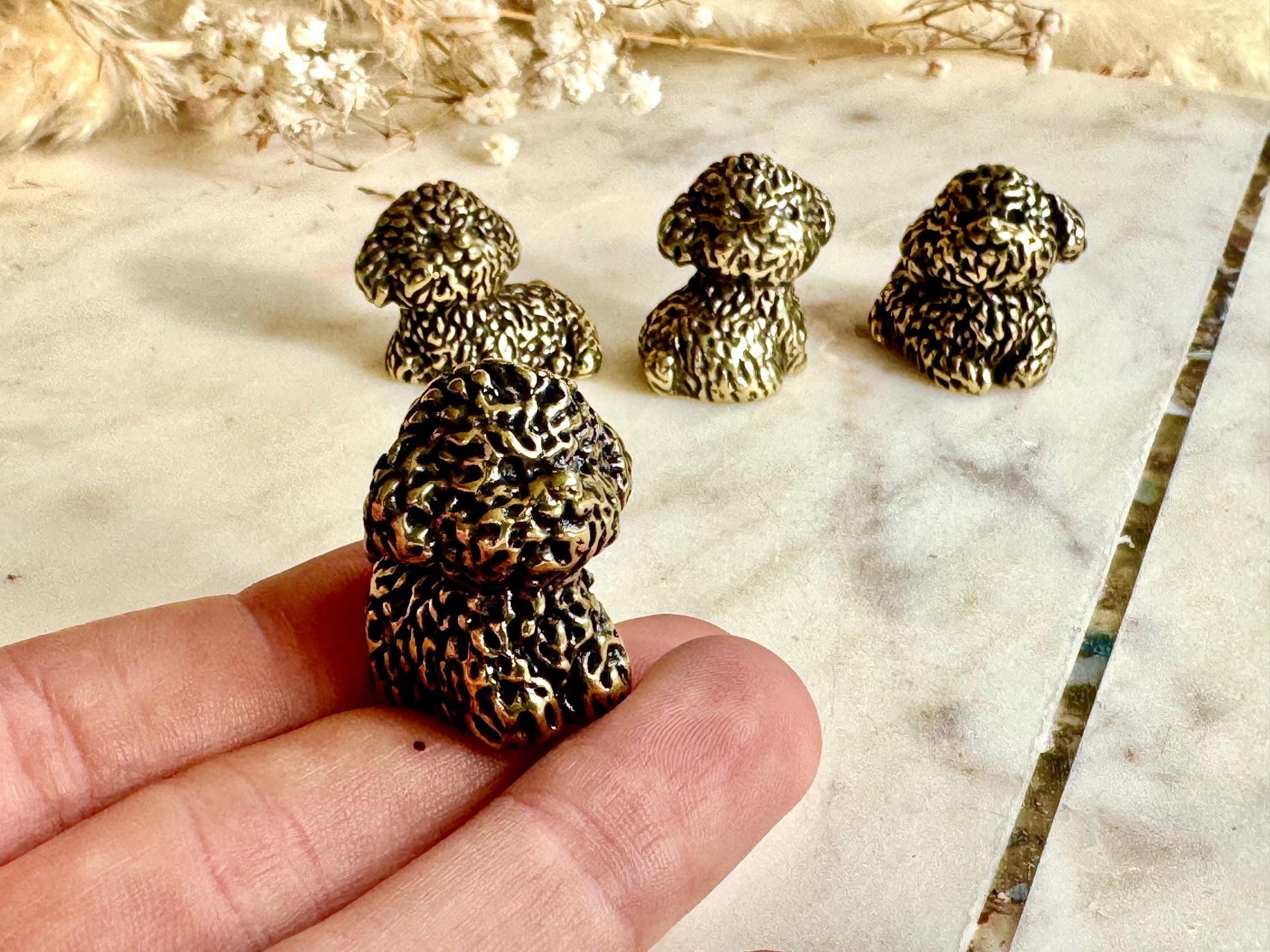 Set of Four Brass Poodle Dog Figurines, Miniature Curly-Haired Puppy Collectibles, Detailed Animal Sculptures, Dog Lover Gift