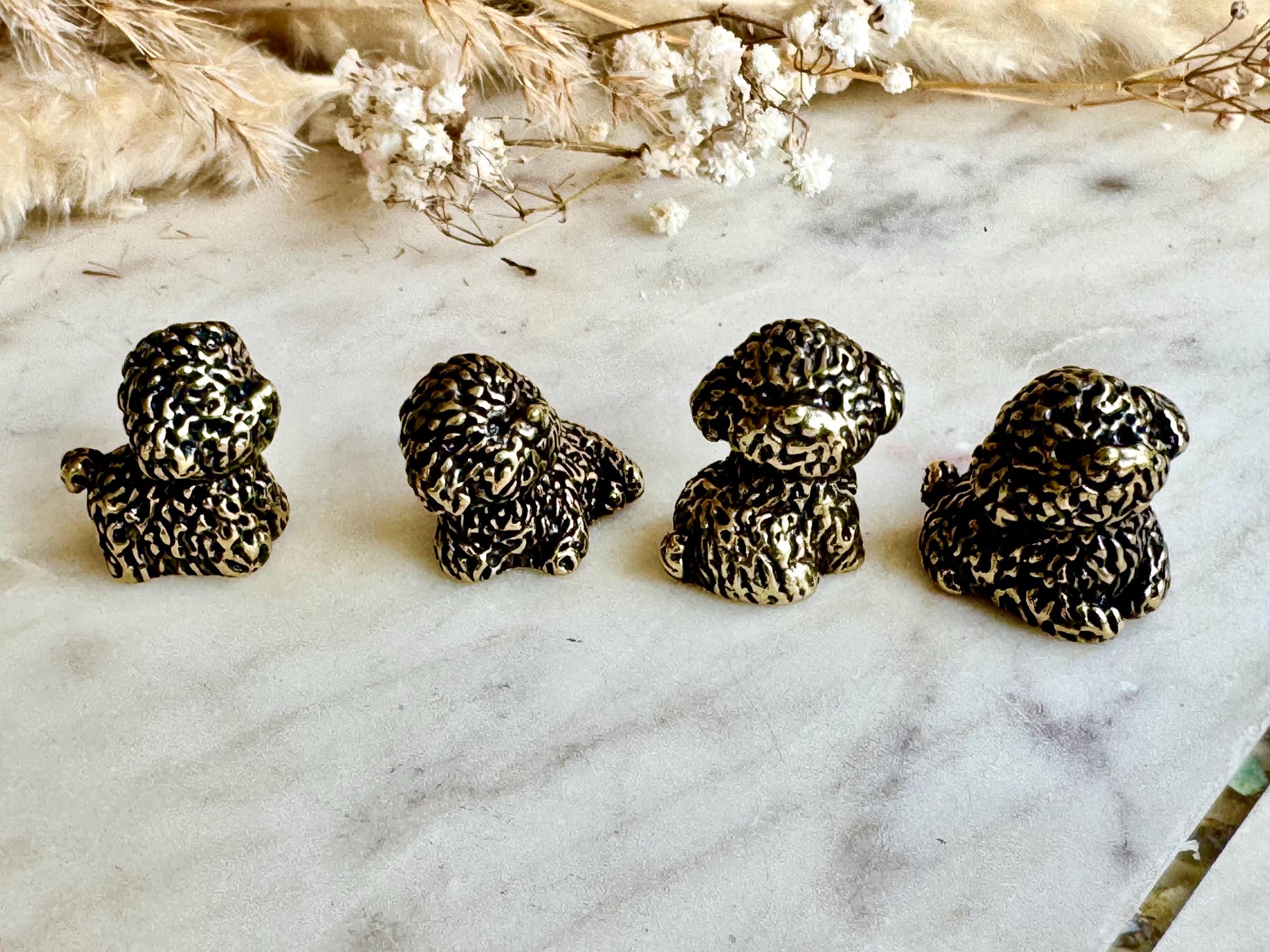Set of Four Brass Poodle Dog Figurines, Miniature Curly-Haired Puppy Collectibles, Detailed Animal Sculptures, Dog Lover Gift