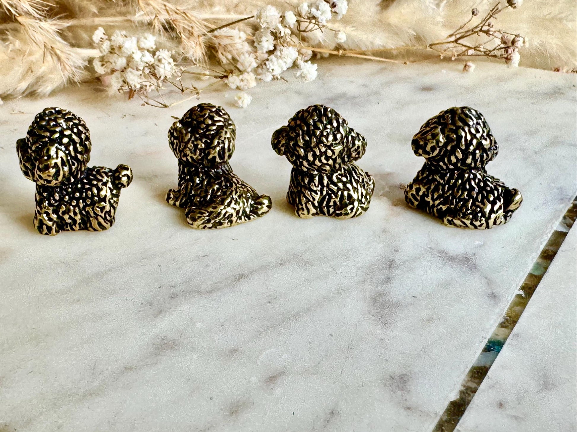 Set of Four Brass Poodle Dog Figurines, Miniature Curly-Haired Puppy Collectibles, Detailed Animal Sculptures, Dog Lover Gift