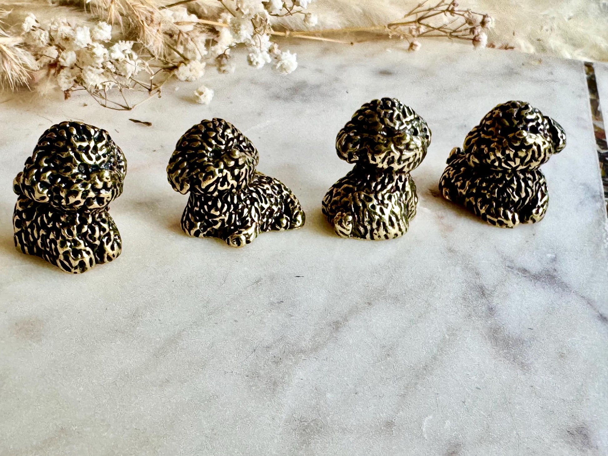 Set of Four Brass Poodle Dog Figurines, Miniature Curly-Haired Puppy Collectibles, Detailed Animal Sculptures, Dog Lover Gift