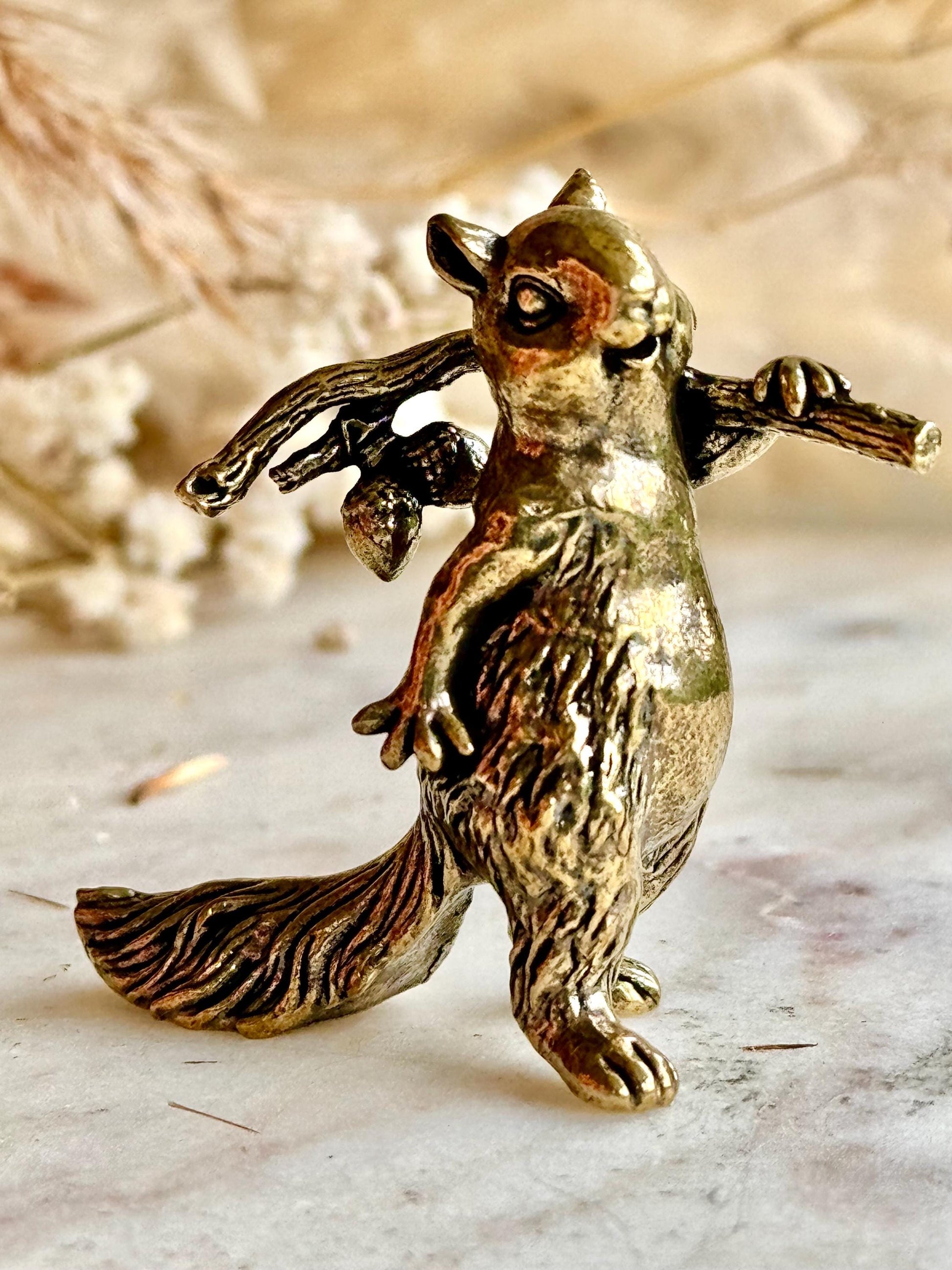 Solid brass figurine squirrel holding acorn, collectible brass ornament, beautiful decoration for tabletop