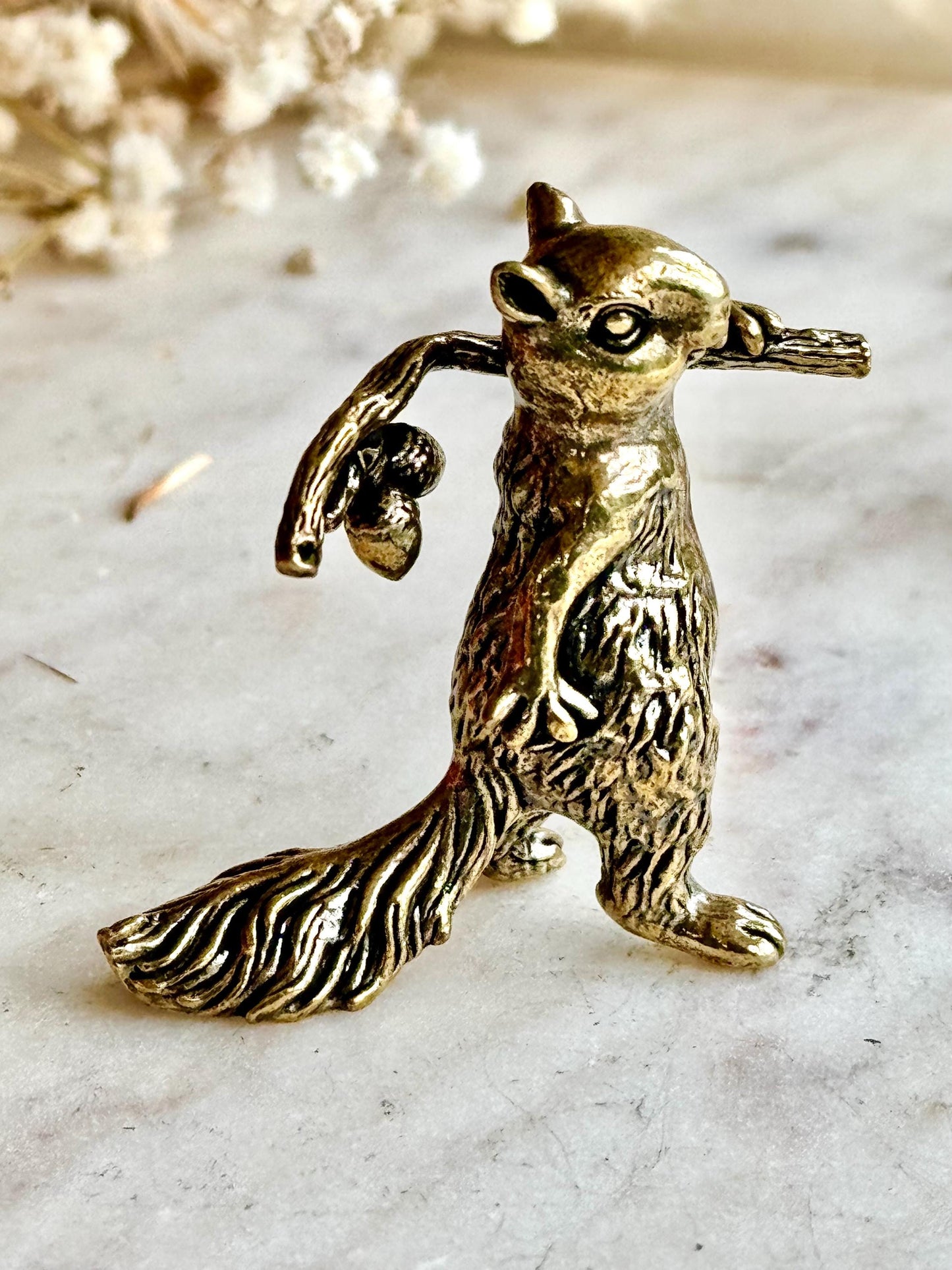 Solid brass figurine squirrel holding acorn, collectible brass ornament, beautiful decoration for tabletop