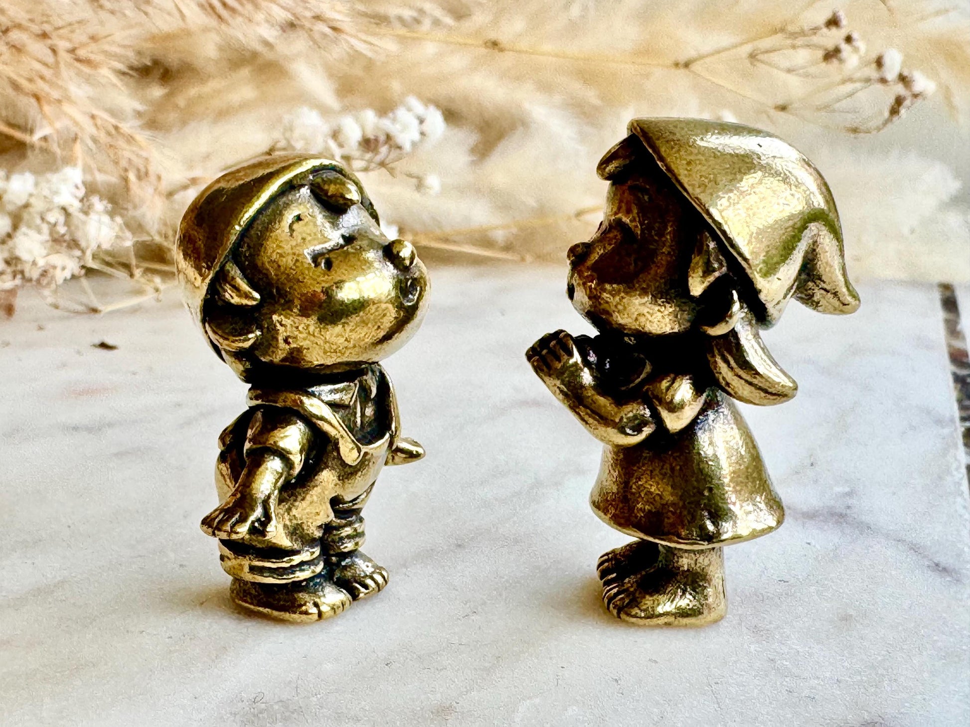 Romantic Brass Figurines First Kiss, Set of Two Miniature Brass Statues, Cute Boy and Girl Figurines, Sweet Couple Sculpture