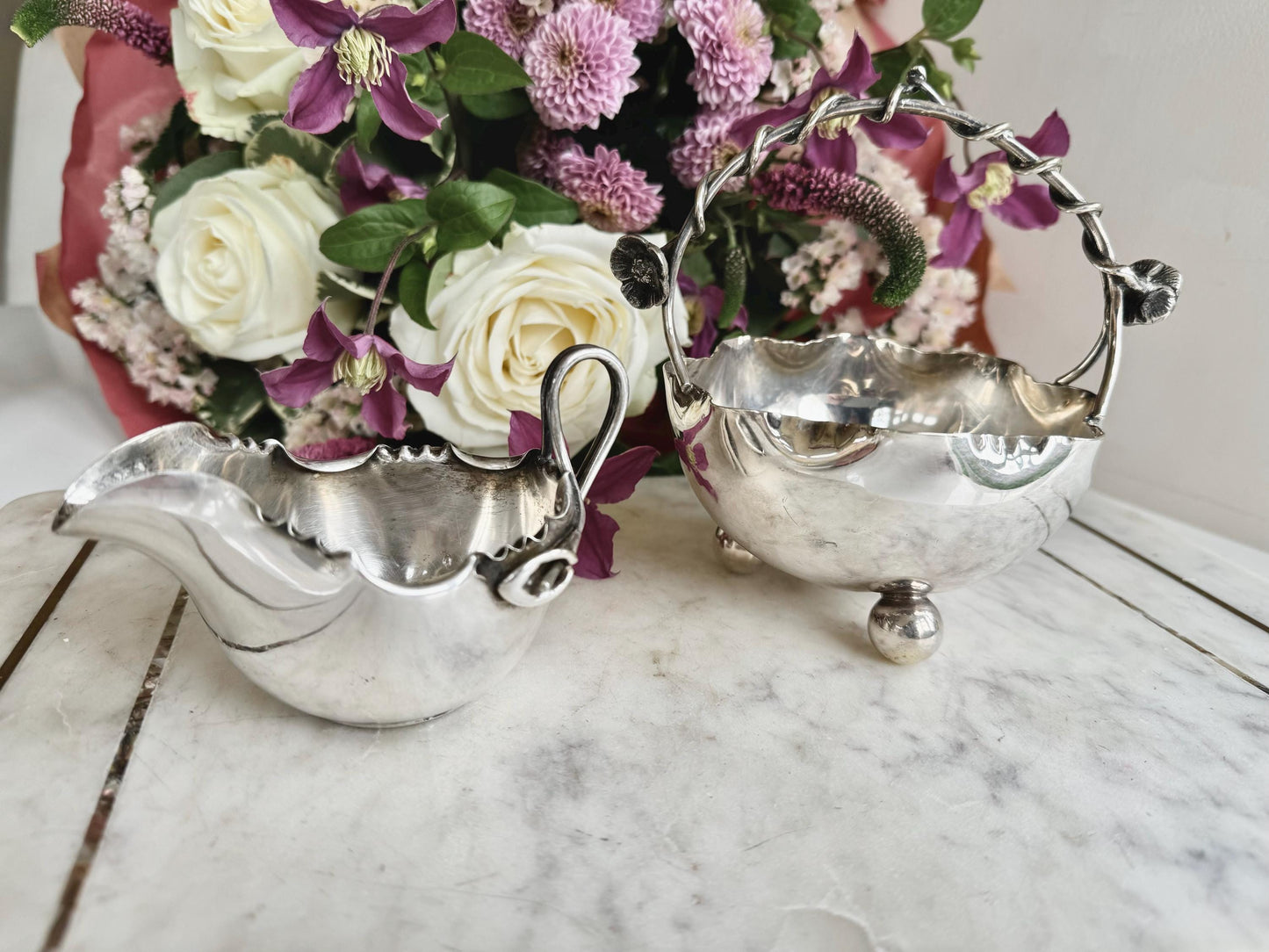Antique Silver Plated Creamer and Sugar Bowl Set – Art Nouveau Floral Design, James Deakin and Sons