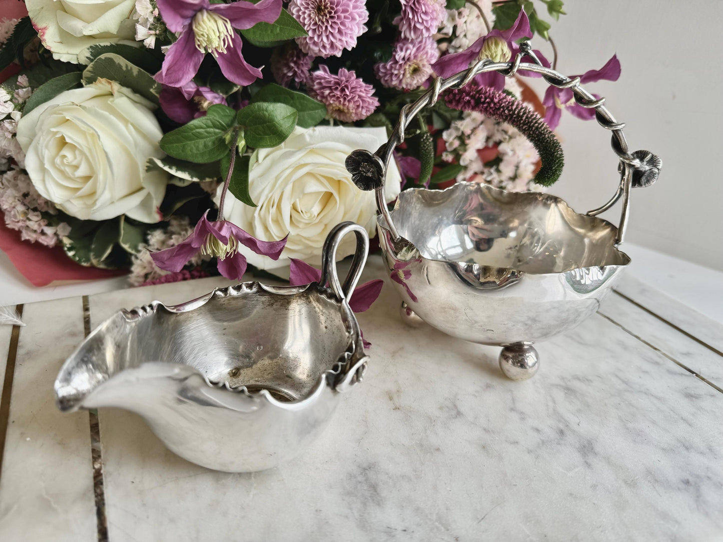 Antique Silver Plated Creamer and Sugar Bowl Set – Art Nouveau Floral Design, James Deakin and Sons