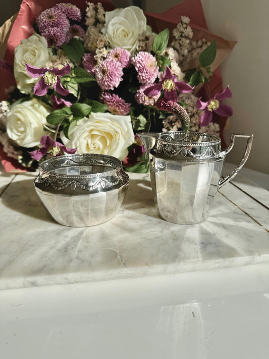 Antique English Silver Plated Sugar Bowl and Cream Jug by Walker & Hall