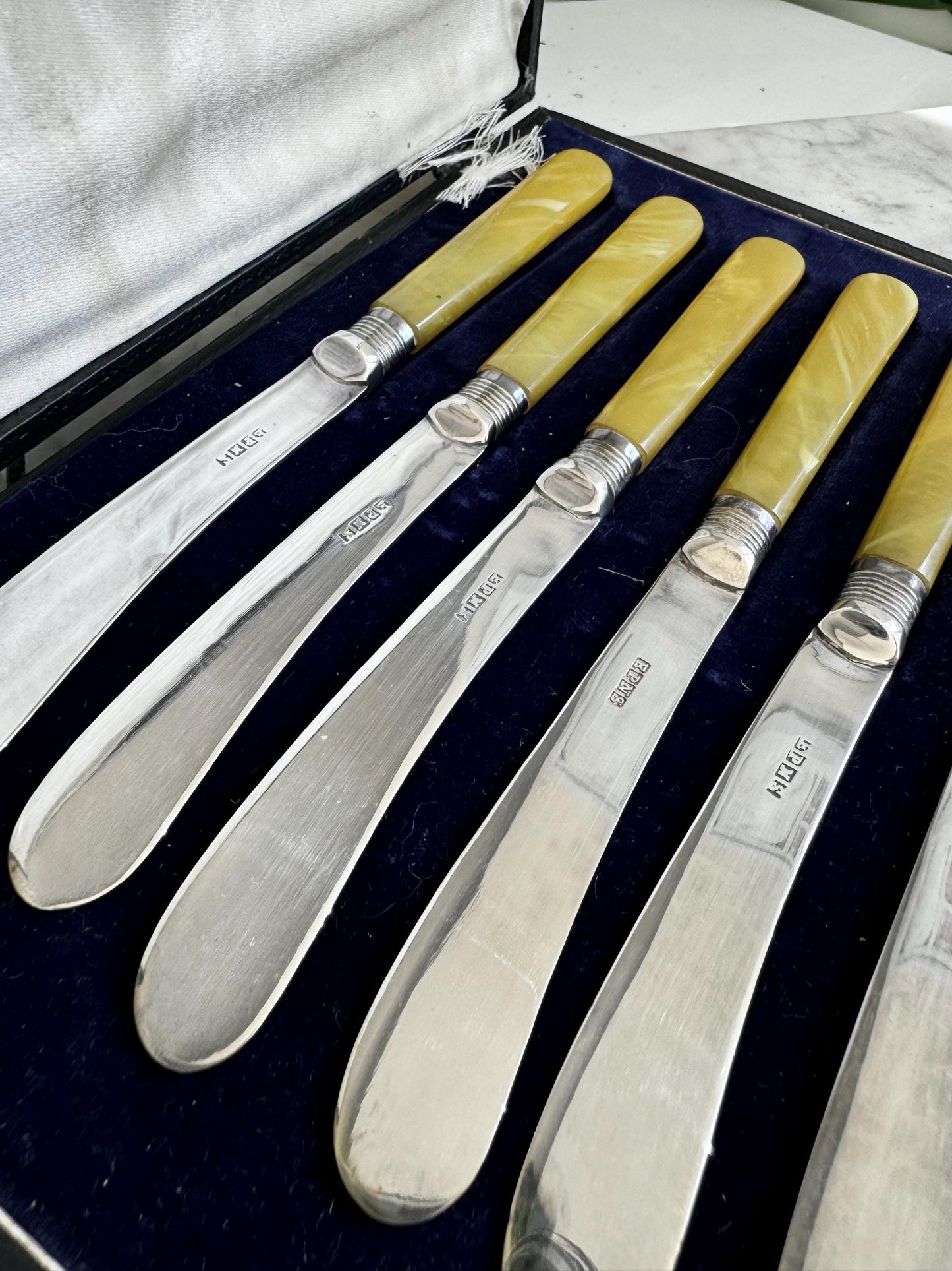 Antique LB EP Silver Plated Dessert Knives Set with Bakelite Handles – England, Early 20th Century