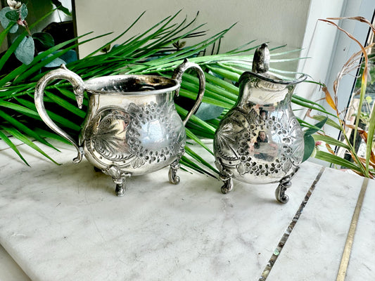 Antique Victorian Silver-Plated Milk Jug and Sugar Bowl – Ornate Repoussé Floral Design, Footed, British Silverware (c. 19th Century)