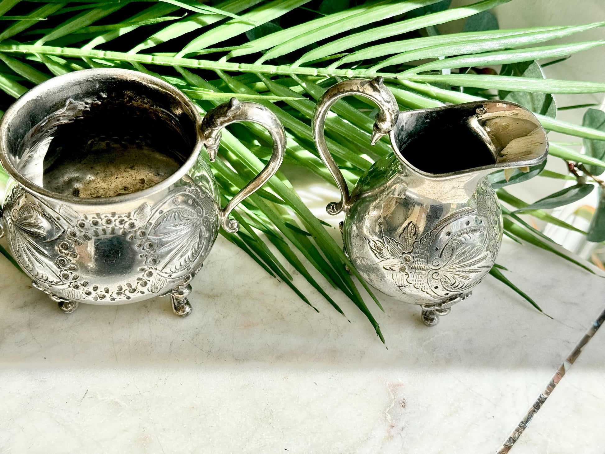 Antique Victorian Silver-Plated Milk Jug and Sugar Bowl – Ornate Repoussé Floral Design, Footed, British Silverware (c. 19th Century)