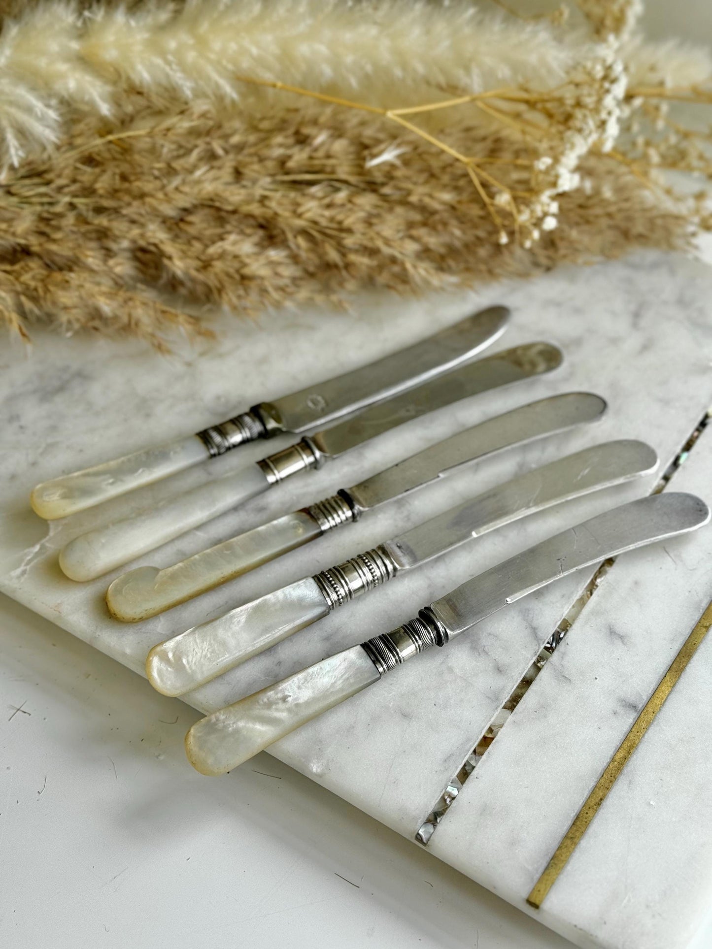 English Set of Five Vintage Mother of Pearl Handled Butter Knives – Mixed Designs