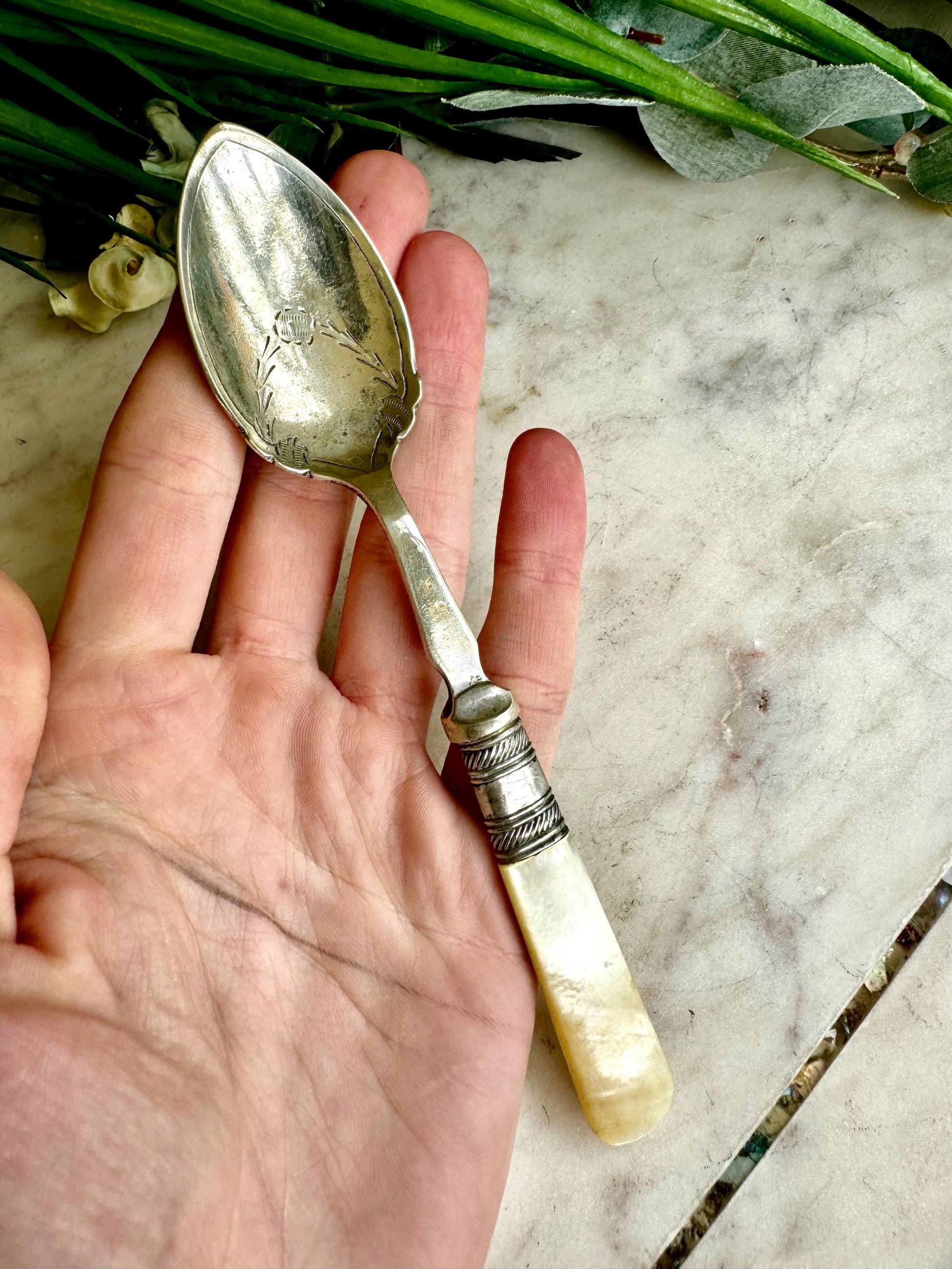 Antique Silver-Plated Preserve Spoon with Mother-of-Pearl Handle Elegant Vintage, Ornate Collectible Cutlery, Timeless Table