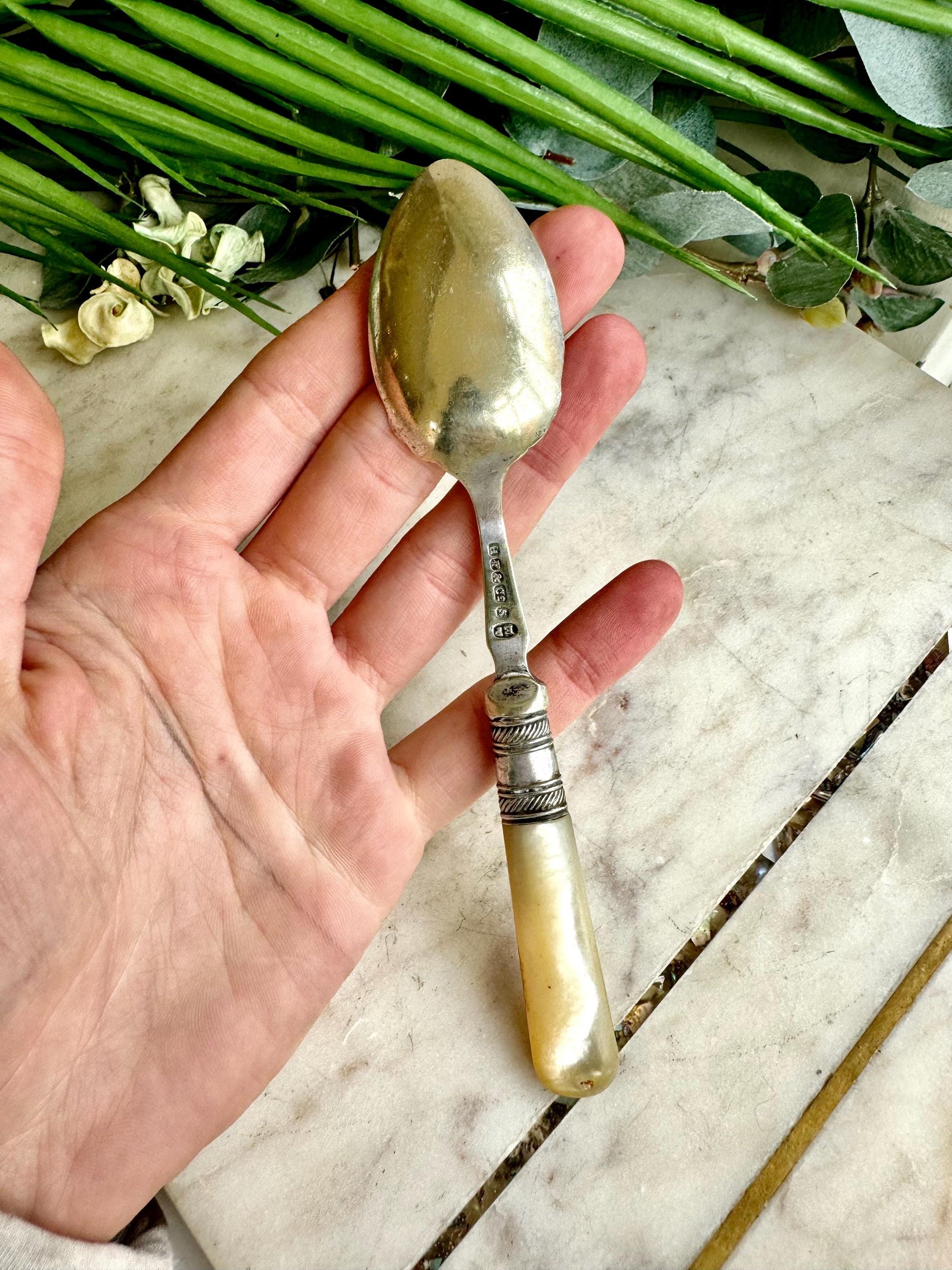 Antique Silver-Plated Preserve Spoon with Mother-of-Pearl Handle Elegant Vintage, Ornate Collectible Cutlery, Timeless Table