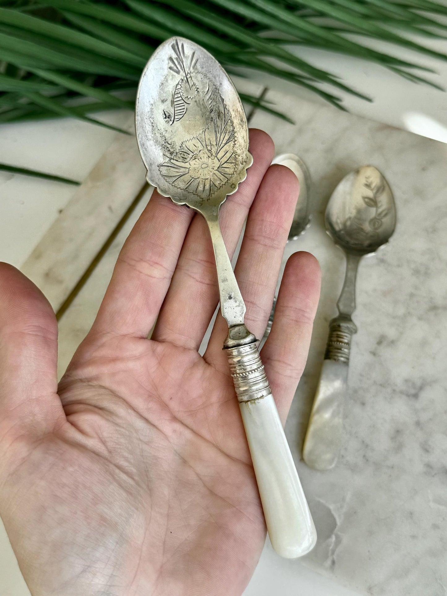 Set of Six Antique English Silver-Plated and Sterling Silver Dessert Spoons with Mother-of-Pearl Handles, Timeless Tableware