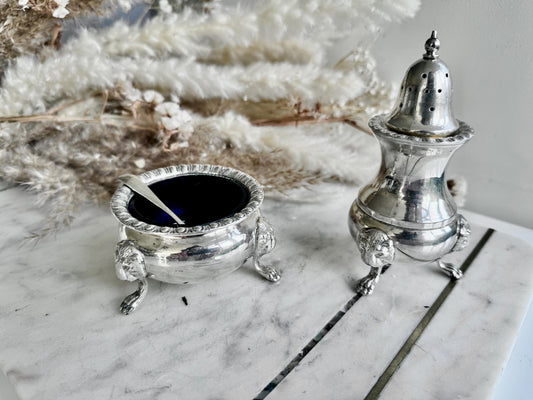 Antique Victorian Silver-Plated Salt Cellar with Cobalt Glass Liner and Matching Ornate Pepper Shaker on Lion Paw Feet Henry Wilkinson & Co