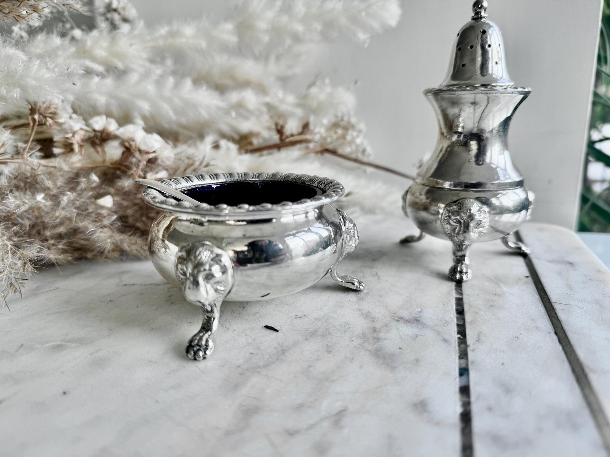 Antique Victorian Silver-Plated Salt Cellar with Cobalt Glass Liner and Matching Ornate Pepper Shaker on Lion Paw Feet Henry Wilkinson & Co