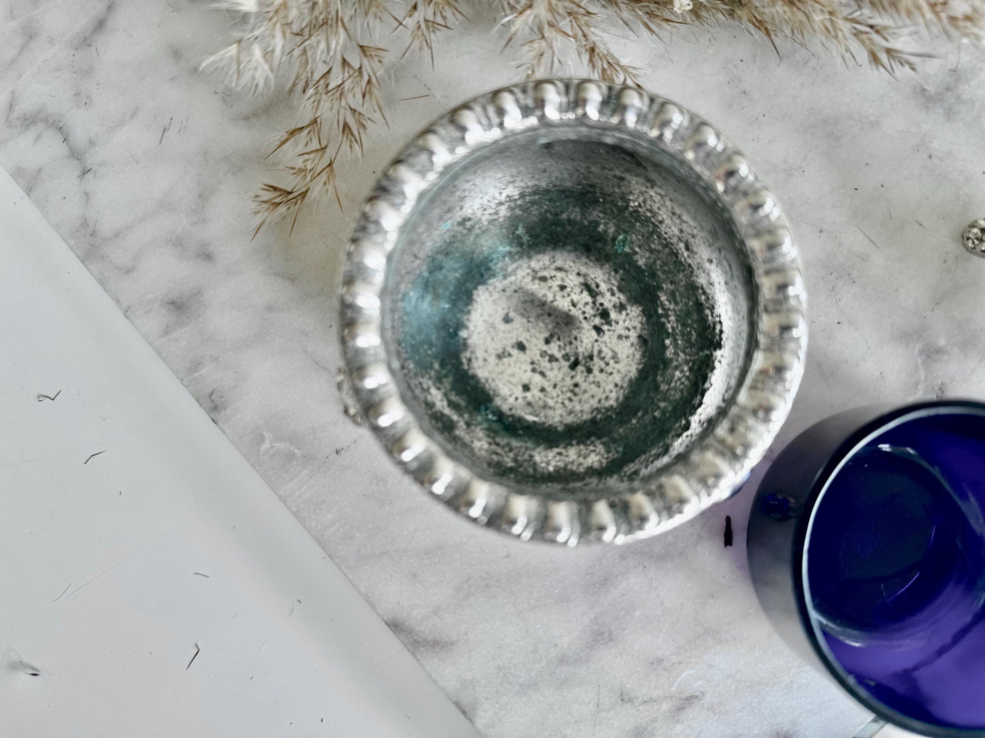 Antique Victorian Silver-Plated Salt Cellar with Cobalt Glass Liner and Matching Ornate Pepper Shaker on Lion Paw Feet Henry Wilkinson & Co