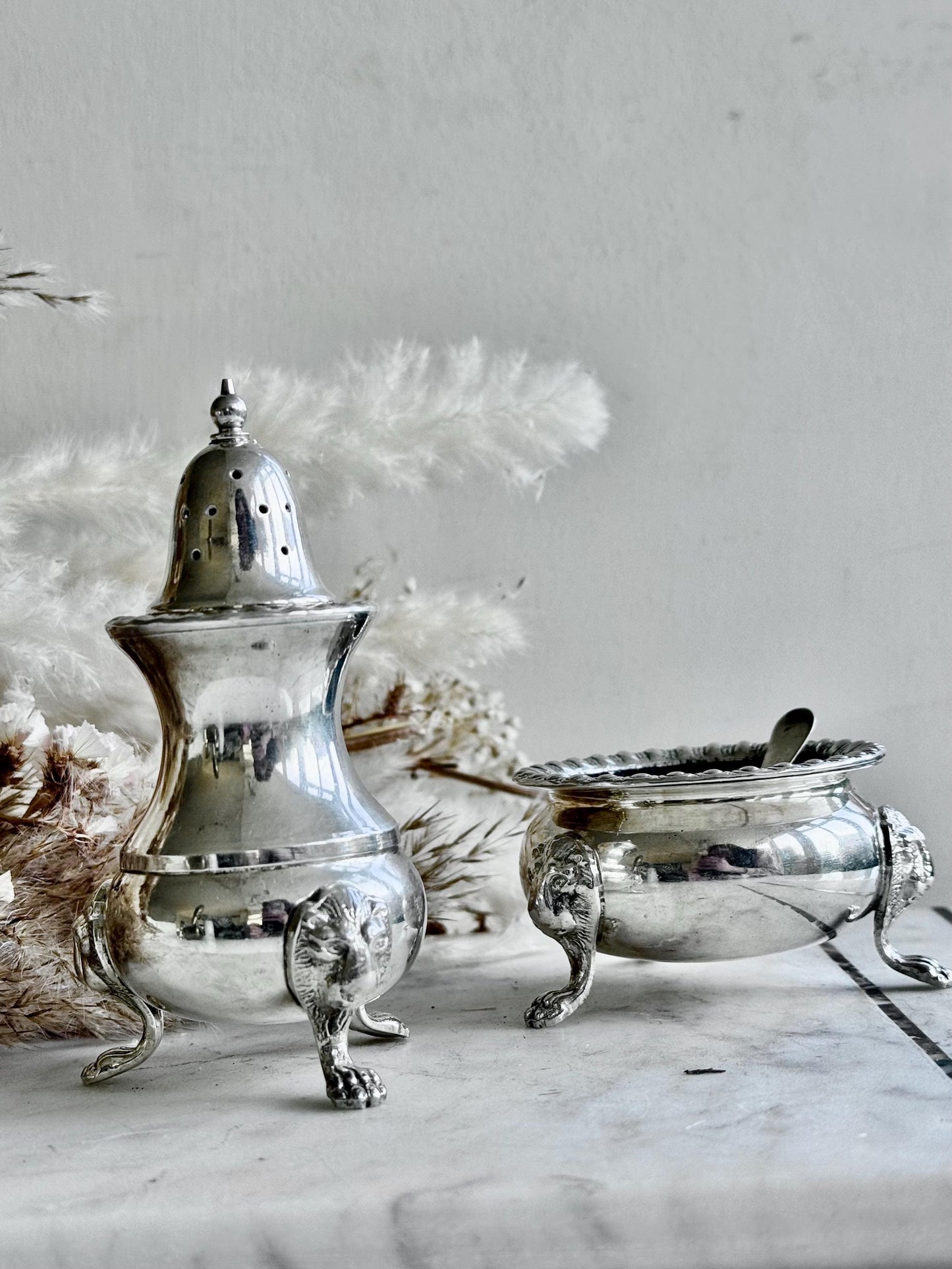 Antique Victorian Silver-Plated Salt Cellar with Cobalt Glass Liner and Matching Ornate Pepper Shaker on Lion Paw Feet Henry Wilkinson & Co