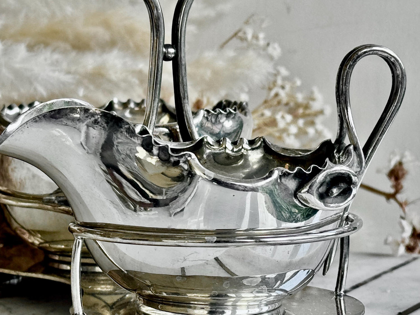 Exquisite Antique R&W Sorley Silver Plated Double Sauce Server with Stand – Glasgow, UK, c. 1900