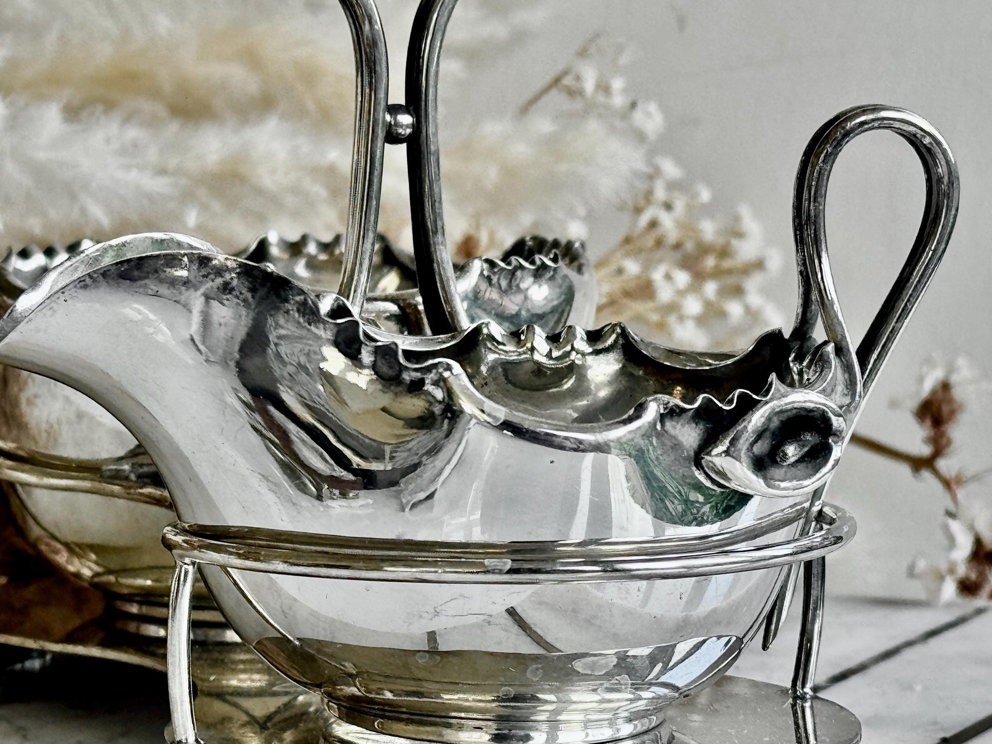 Exquisite Antique R&W Sorley Silver Plated Double Sauce Server with Stand – Glasgow, UK, c. 1900