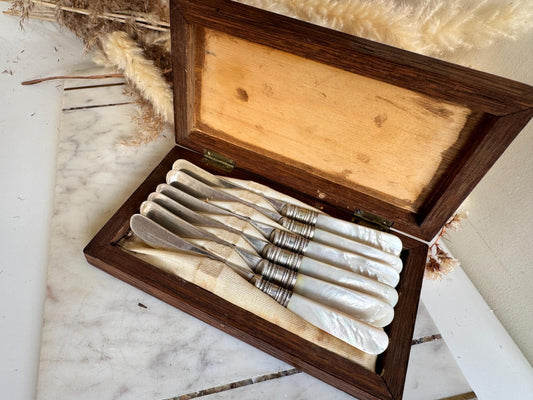 Antique English Mother of Pearl & Silver-Plated Dessert Knives Set in Wooden Case – c. 19th Century
