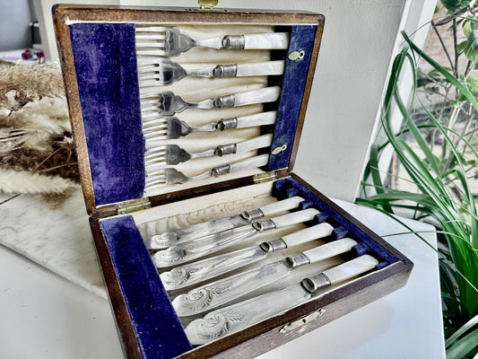 Antique British Mother-of-Pearl Handled Cutlery Set in Original Wooden Box – 11 Pieces (Knives & Forks) – Circa 19th Century