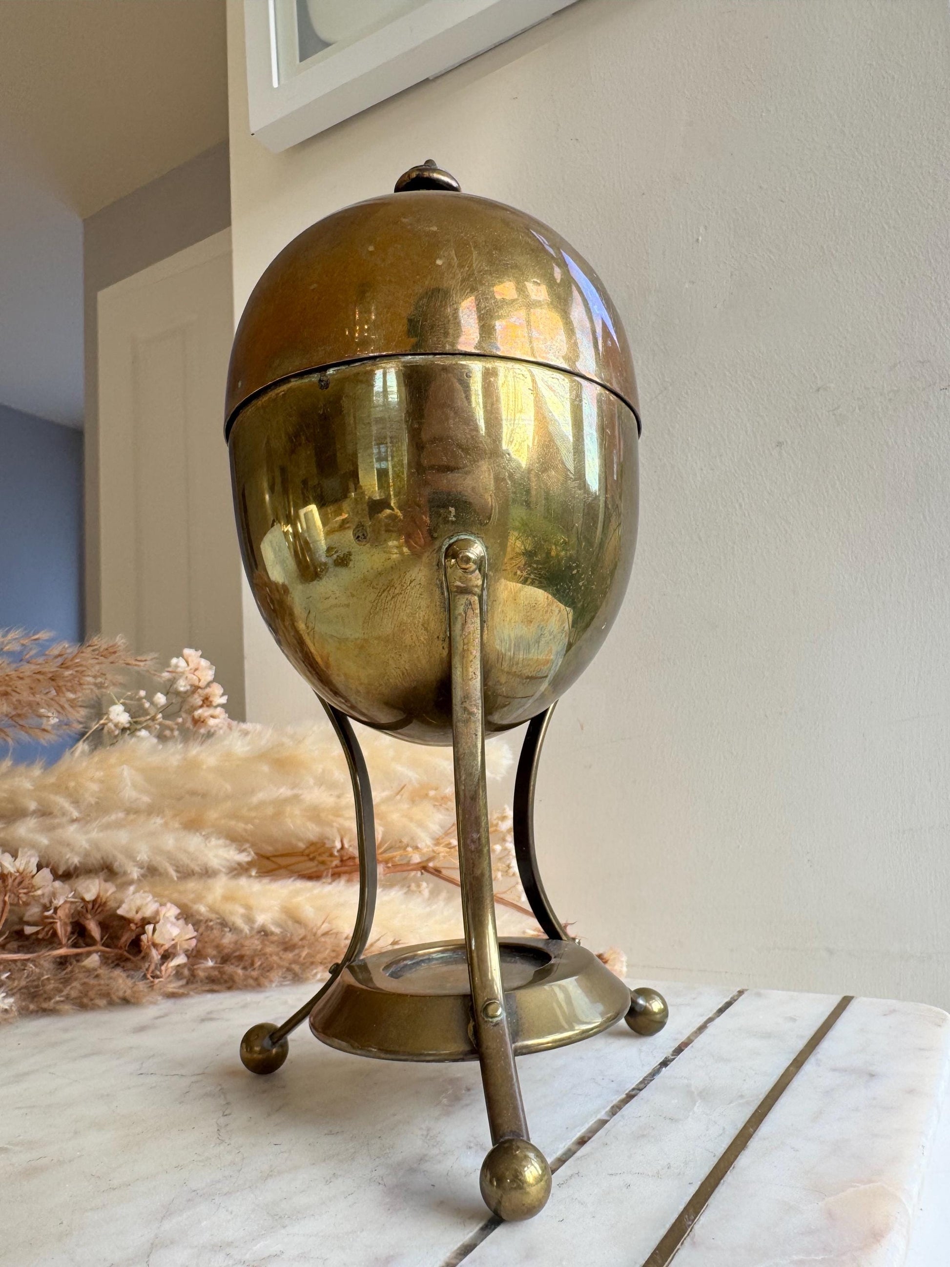 Victorian Brass Egg Coddler with Stand and Burner, Likely British, Late 19th to Early 20th Century