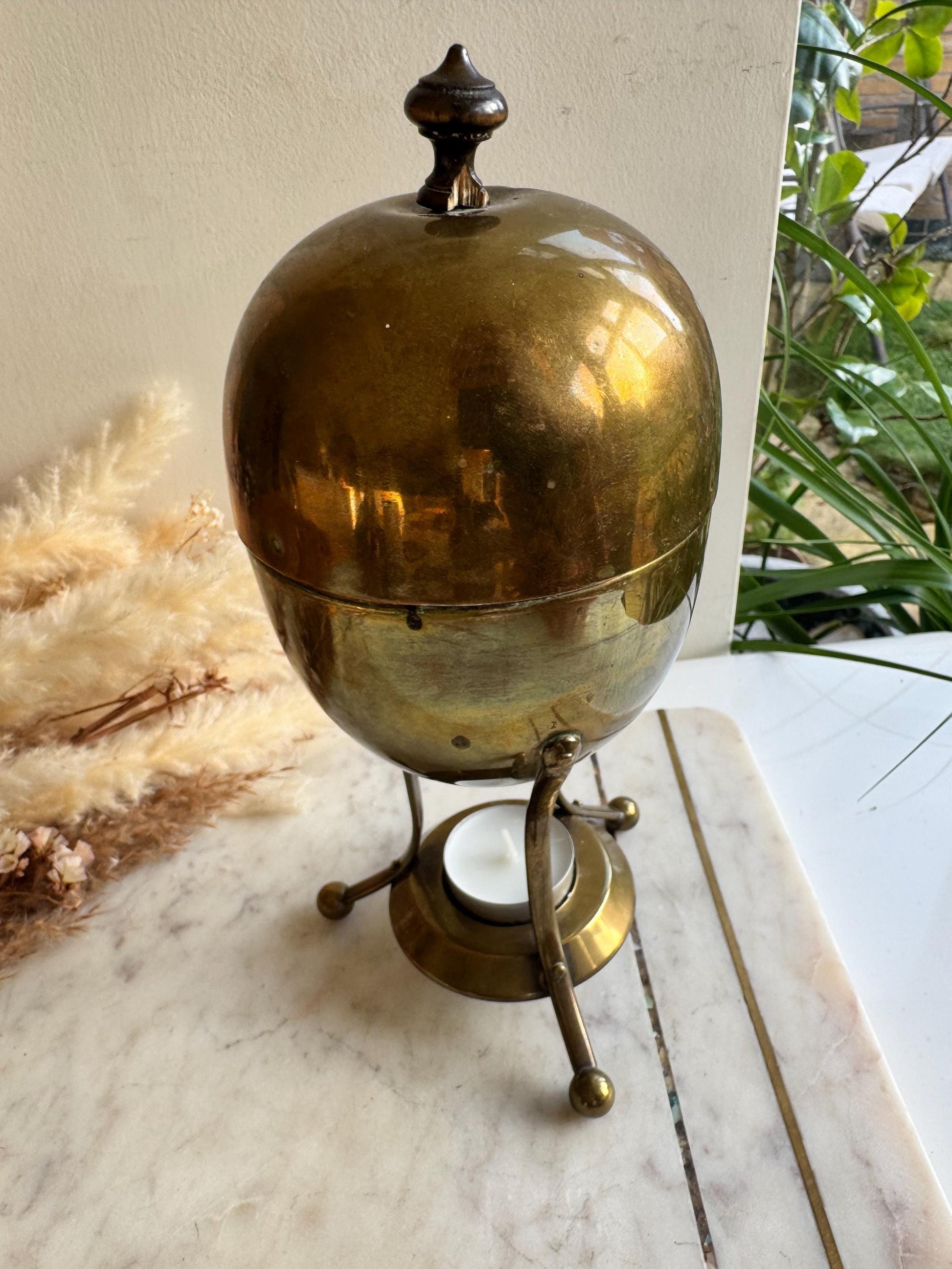 Victorian Brass Egg Coddler with Stand and Burner, Likely British, Late 19th to Early 20th Century