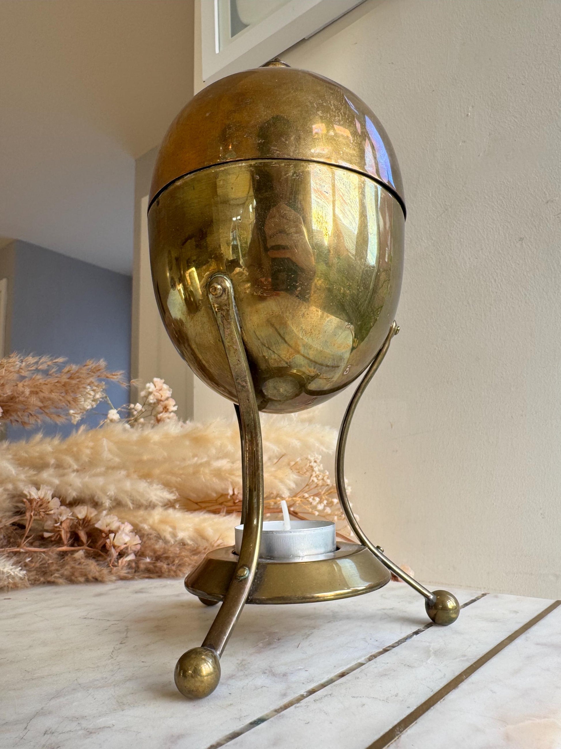Victorian Brass Egg Coddler with Stand and Burner, Likely British, Late 19th to Early 20th Century