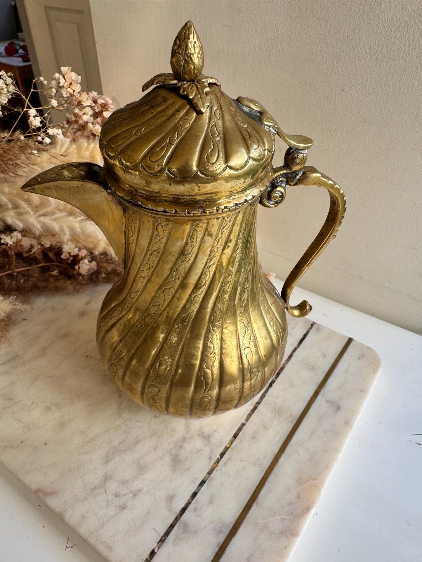 Antique Victorian Brass Coffee Pot with Ornate Engravings, Fluted Body, and Decorative Finial
