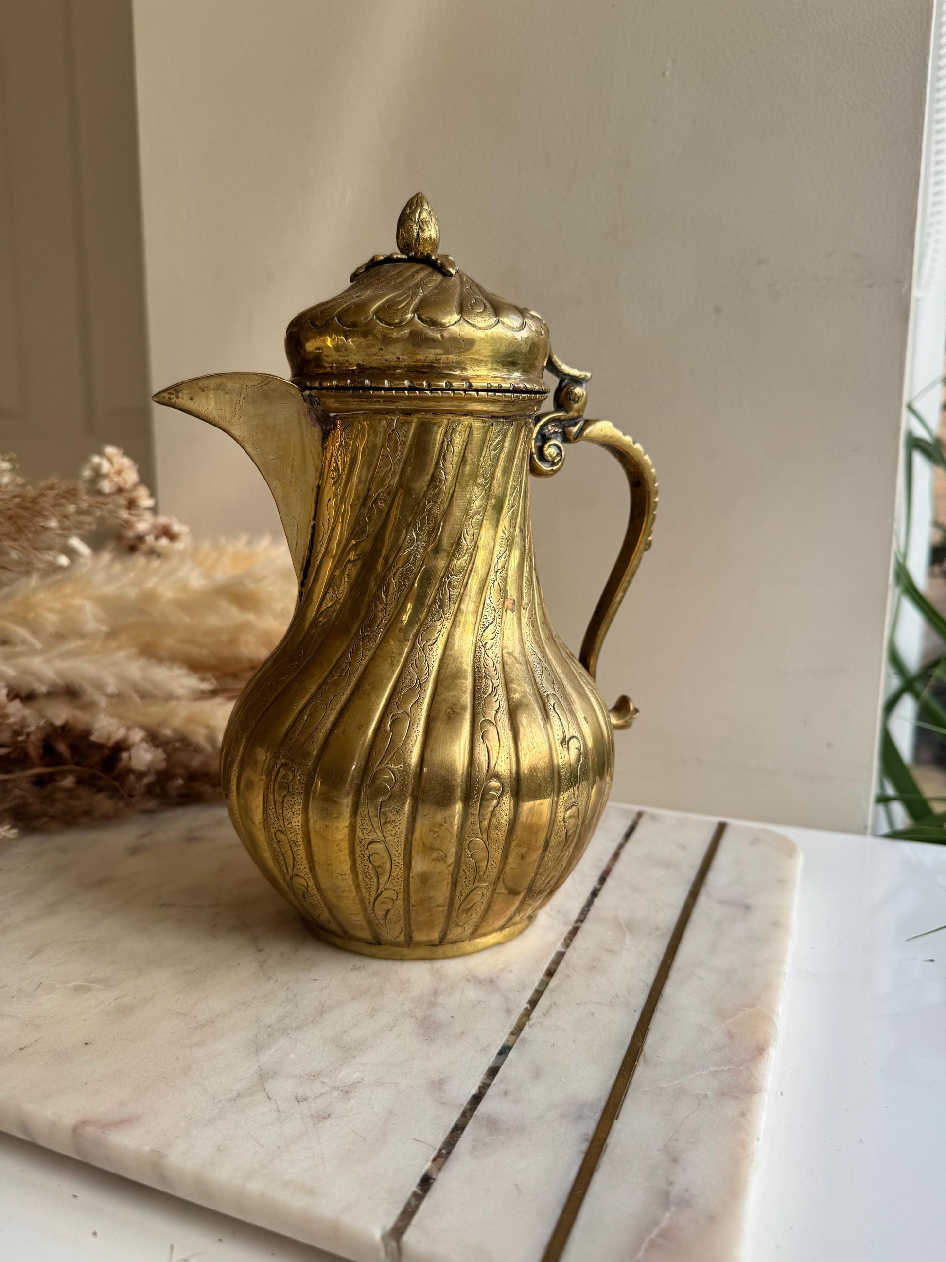 Antique Victorian Brass Coffee Pot with Ornate Engravings, Fluted Body, and Decorative Finial