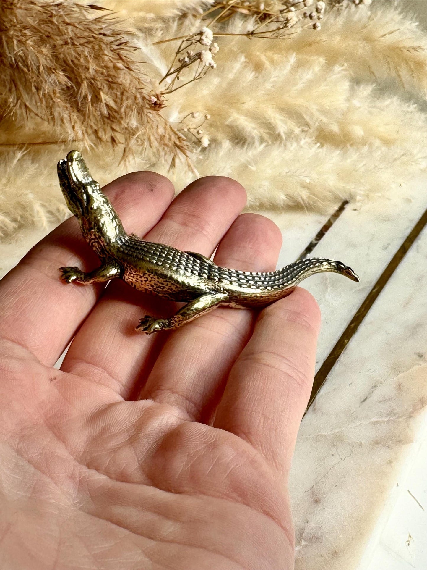 Realistic solid brass crocodile figurine, metal haunting croco statue, mini metal crocodile figurine, alligator art