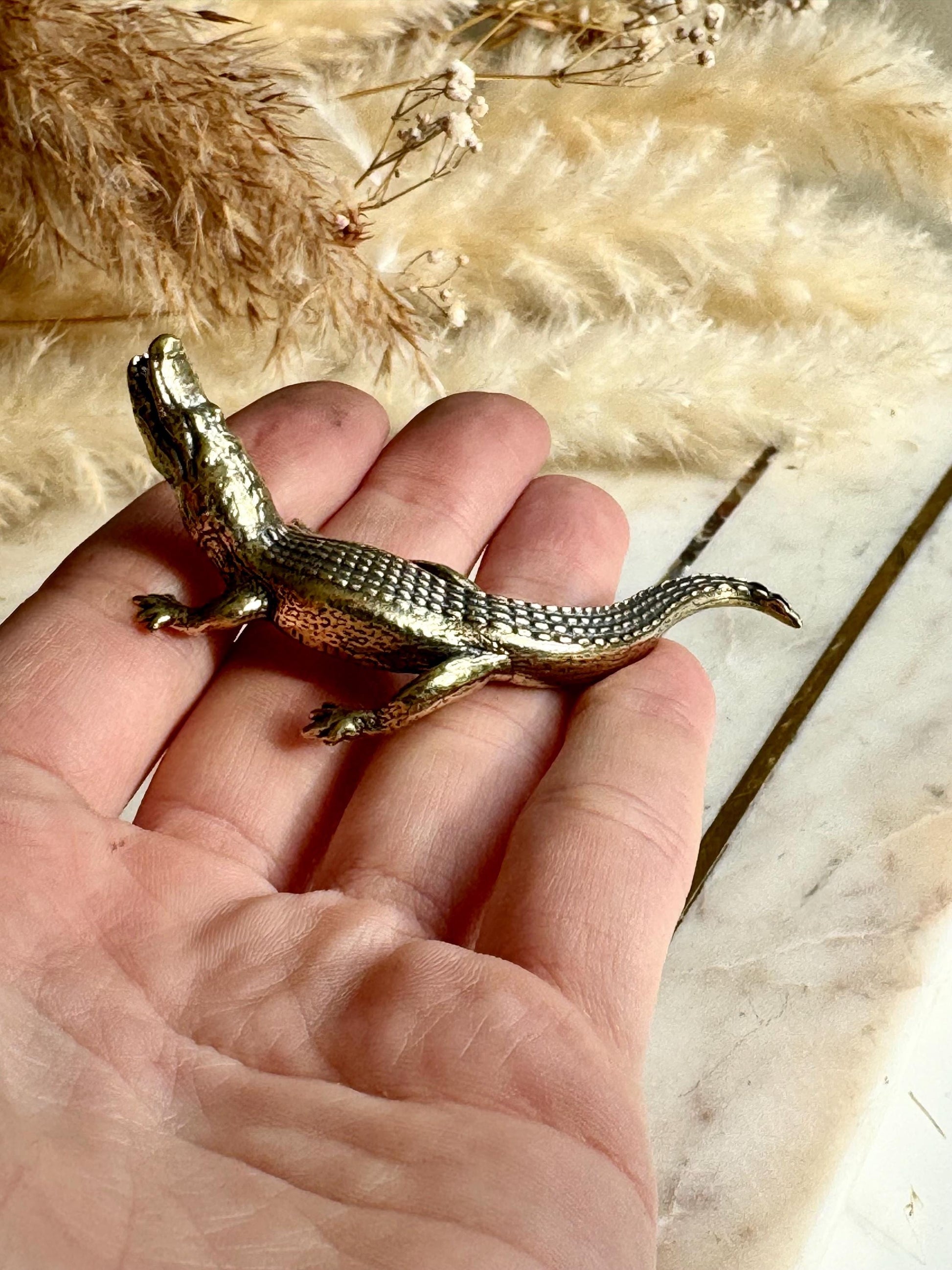 Realistic solid brass crocodile figurine, metal haunting croco statue, mini metal crocodile figurine, alligator art