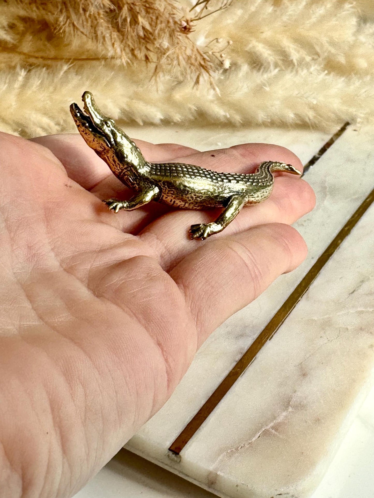 Realistic solid brass crocodile figurine, metal haunting croco statue, mini metal crocodile figurine, alligator art