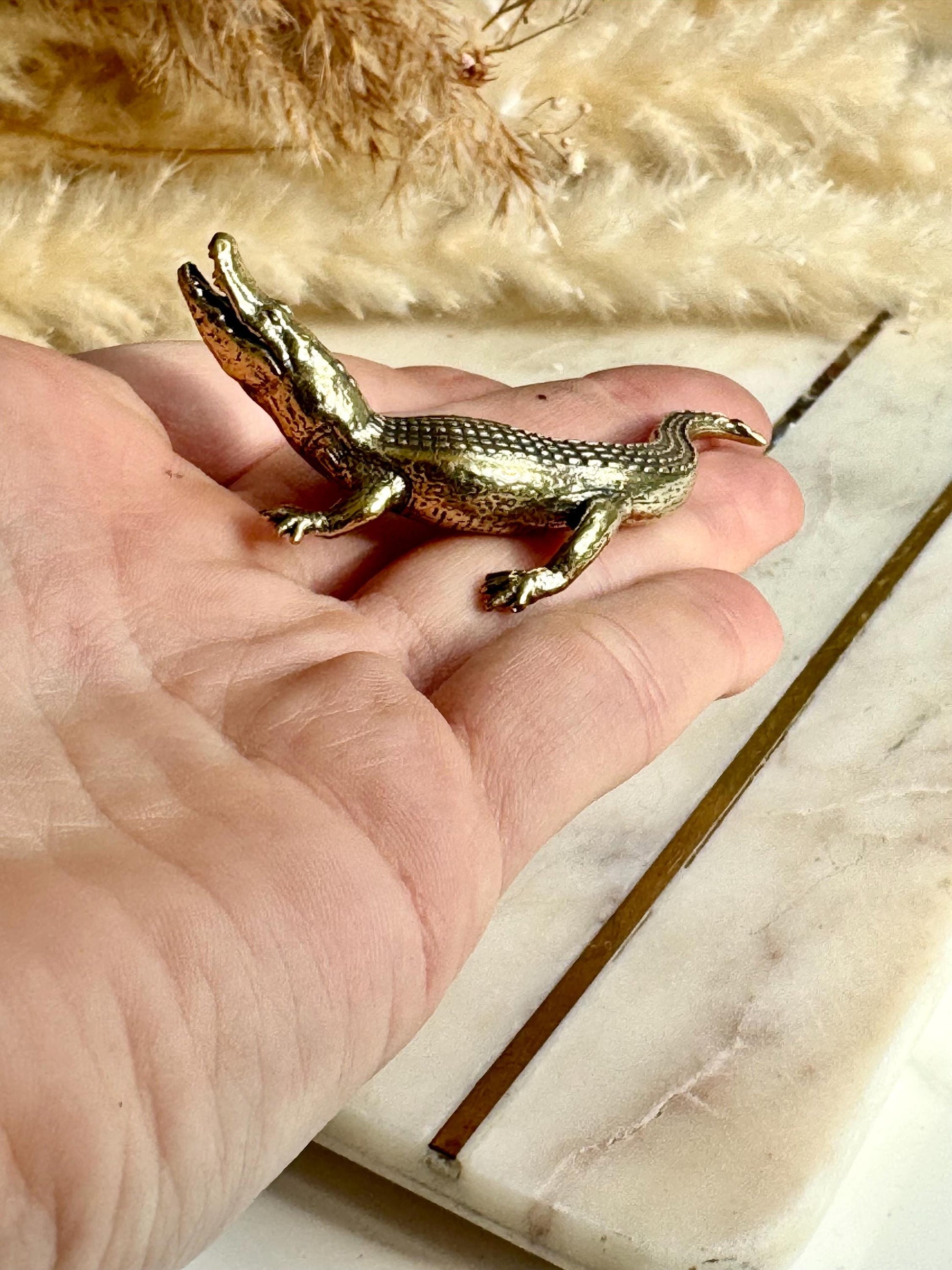 Realistic solid brass crocodile figurine, metal haunting croco statue, mini metal crocodile figurine, alligator art