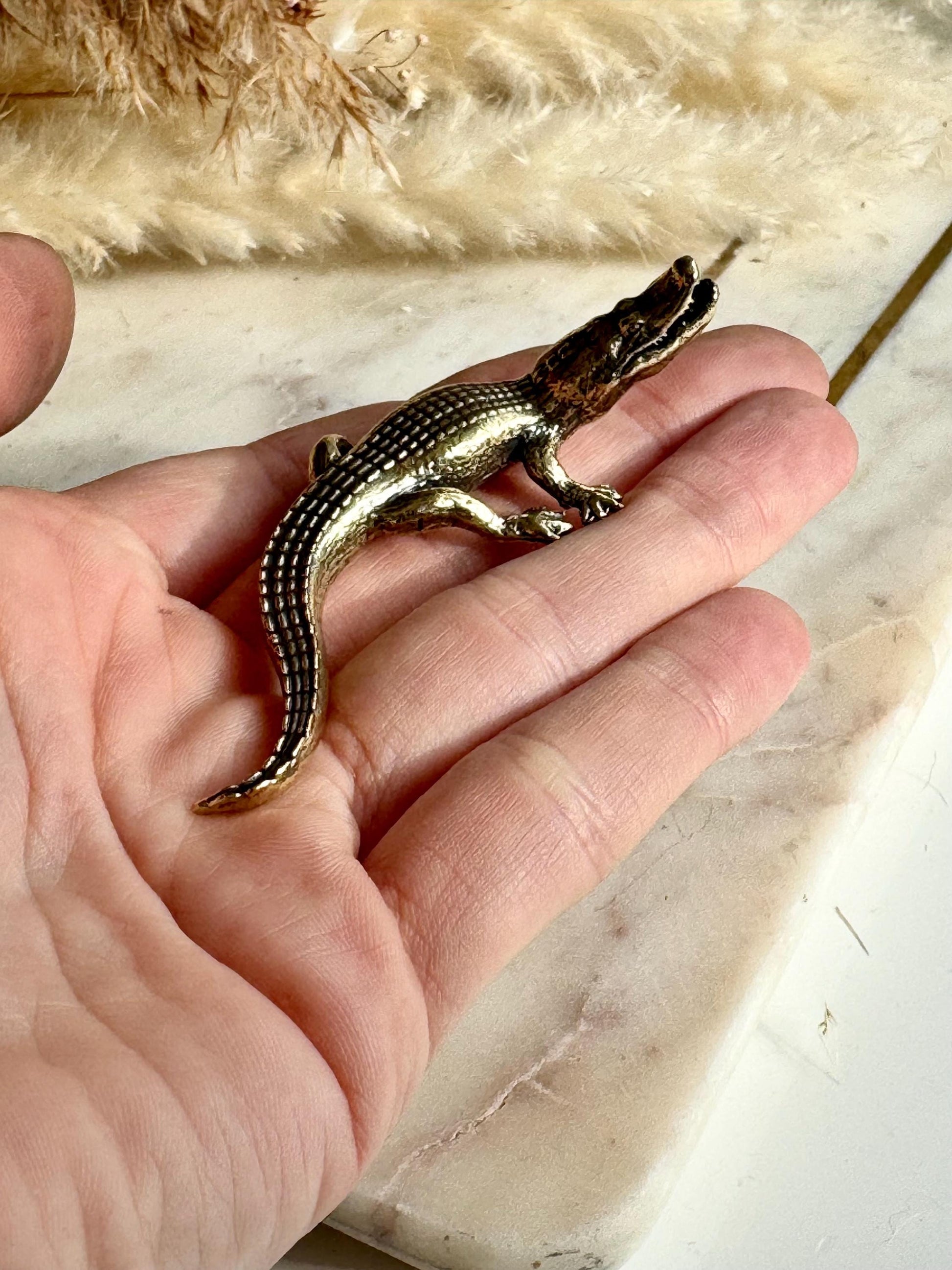 Realistic solid brass crocodile figurine, metal haunting croco statue, mini metal crocodile figurine, alligator art