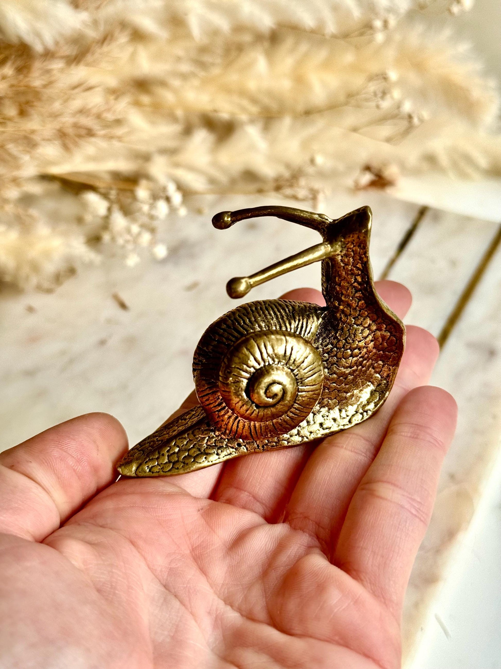 Lifelike solid brass snail figurine, detailed garden mollusk sculpture, vintage nature-inspired ornament, unique brass gastropod paperweight