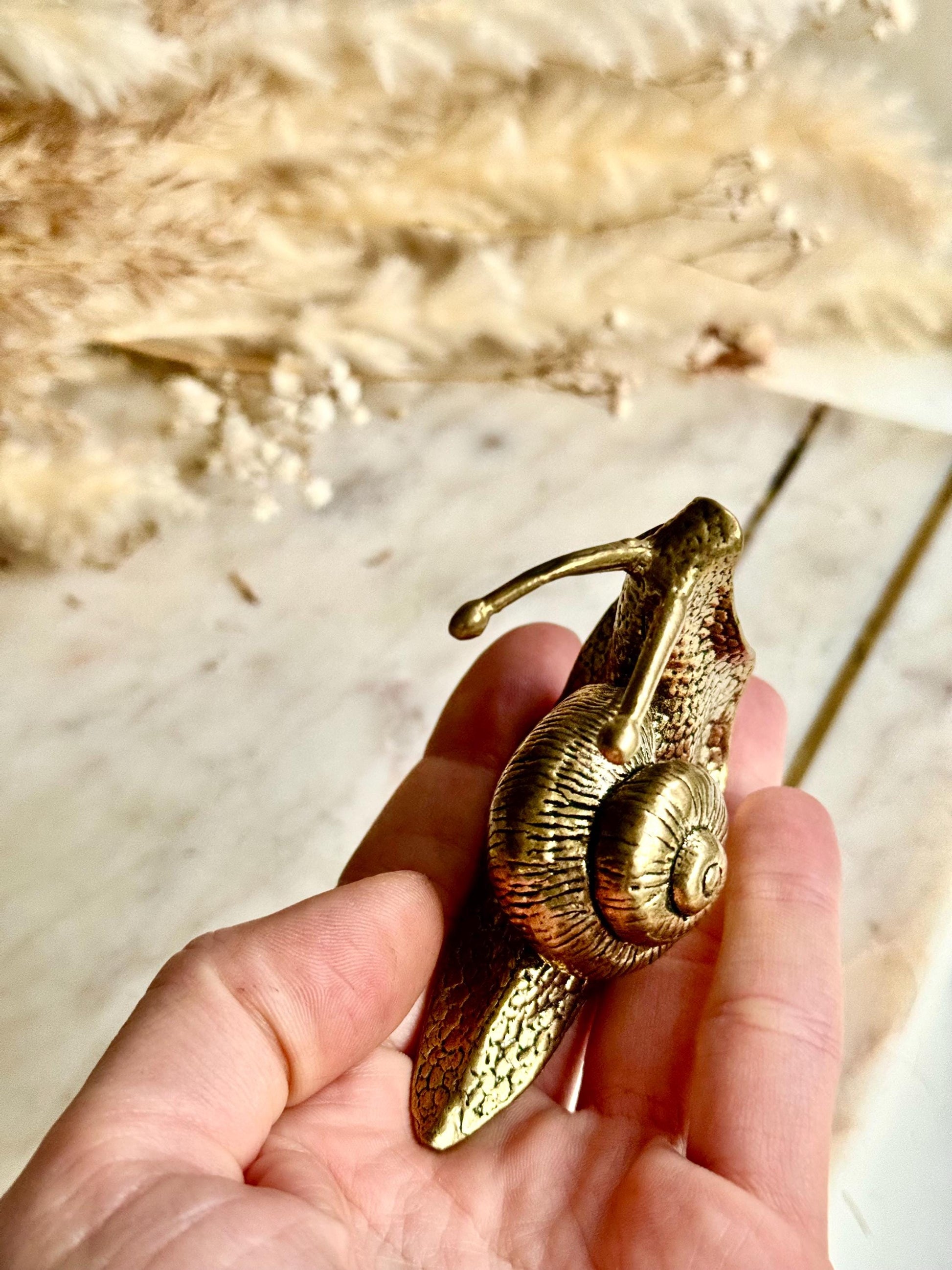 Lifelike solid brass snail figurine, detailed garden mollusk sculpture, vintage nature-inspired ornament, unique brass gastropod paperweight