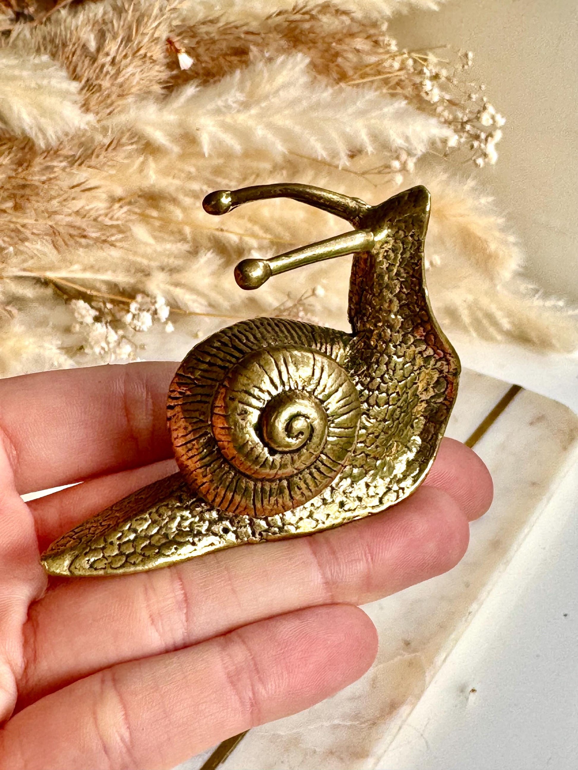 Lifelike solid brass snail figurine, detailed garden mollusk sculpture, vintage nature-inspired ornament, unique brass gastropod paperweight