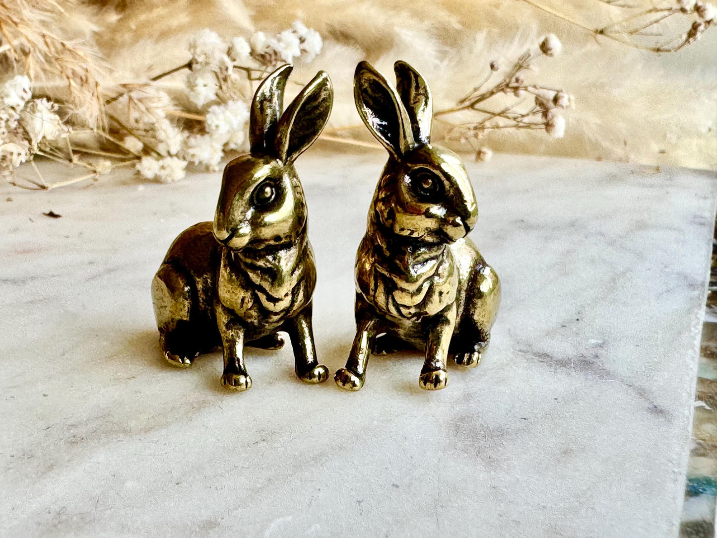 Japanese style brass miniature of rabbits, lifelike bunny workmanship, bunny ornament, Solid Brass good luck symbol figurine, cute gift