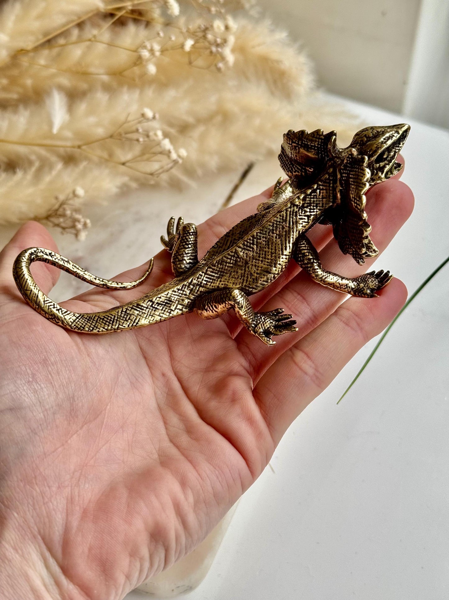 Fine lifelike brass frilled dragon miniature, detailed lizard sculpture, solid brass reptile figurine, exotic iguana ornament, metal frilled