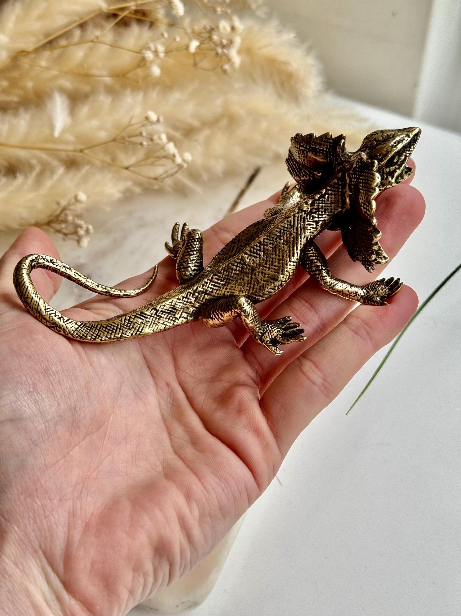 Fine lifelike brass frilled dragon miniature, detailed lizard sculpture, solid brass reptile figurine, exotic iguana ornament, metal frilled